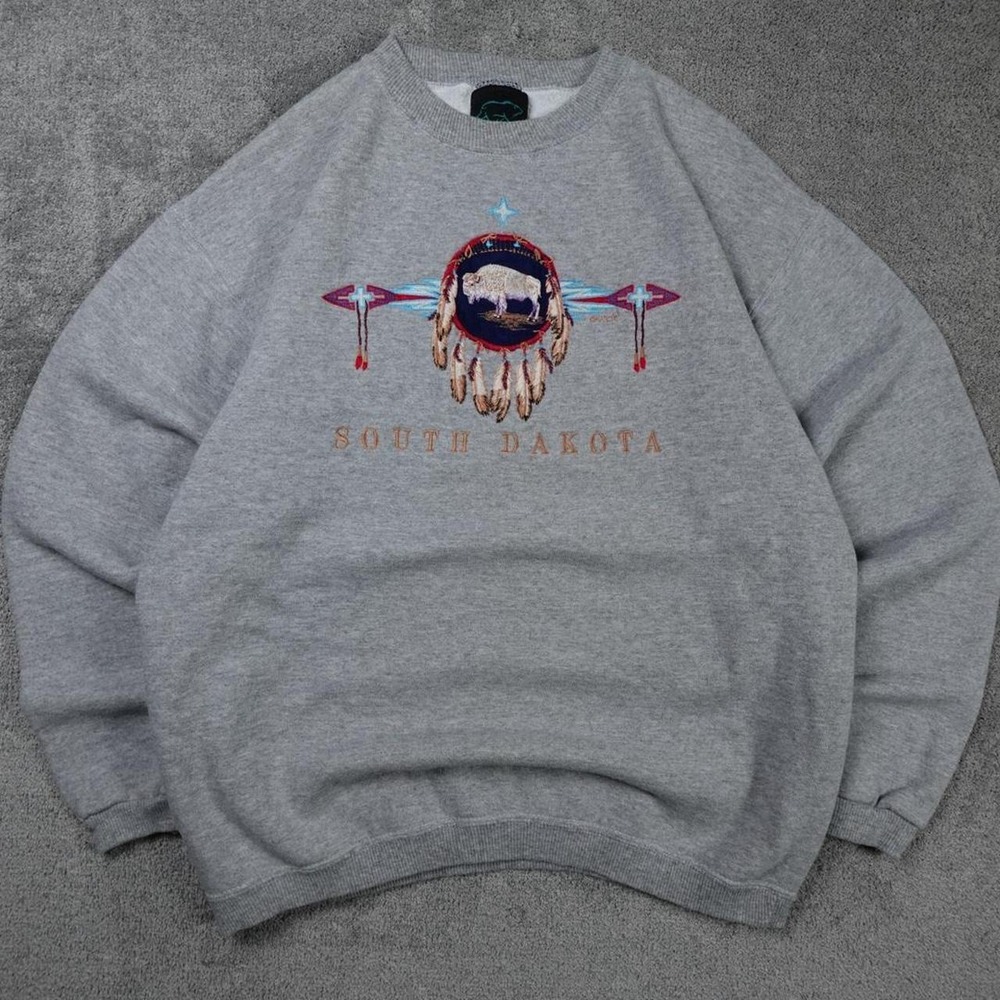 Vintage 90s Habitat South Dakota Buffalo Embroidered USA Sweatshirt Gray M